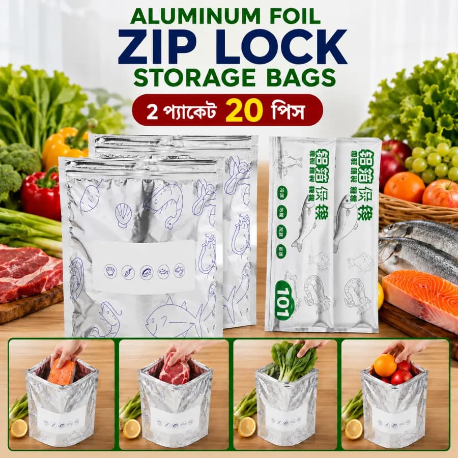 (2 Pack | 20 Pcs) - Aluminum Foil Zip Lock Food Storage Bags - Premium Reusable (Large 11×10 Inch)