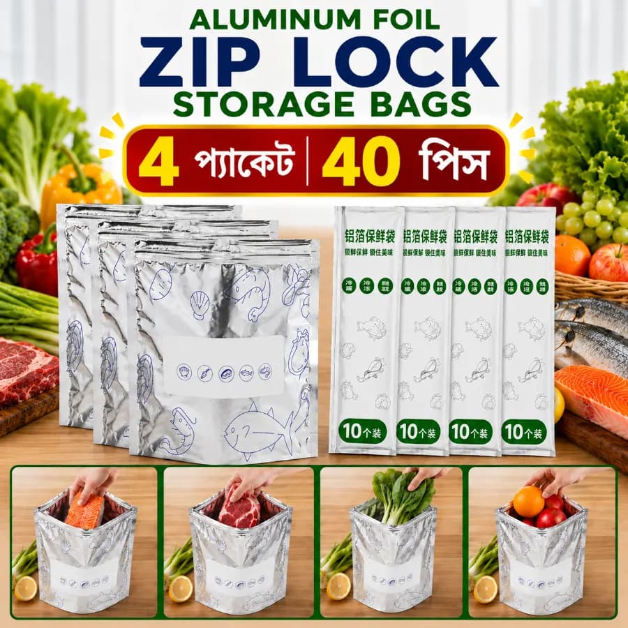 (4 Pack 40 Pcs) Aluminum Foil Zip Lock Food Storage Bags - Premium Reusable (Large 11×10 Inch)