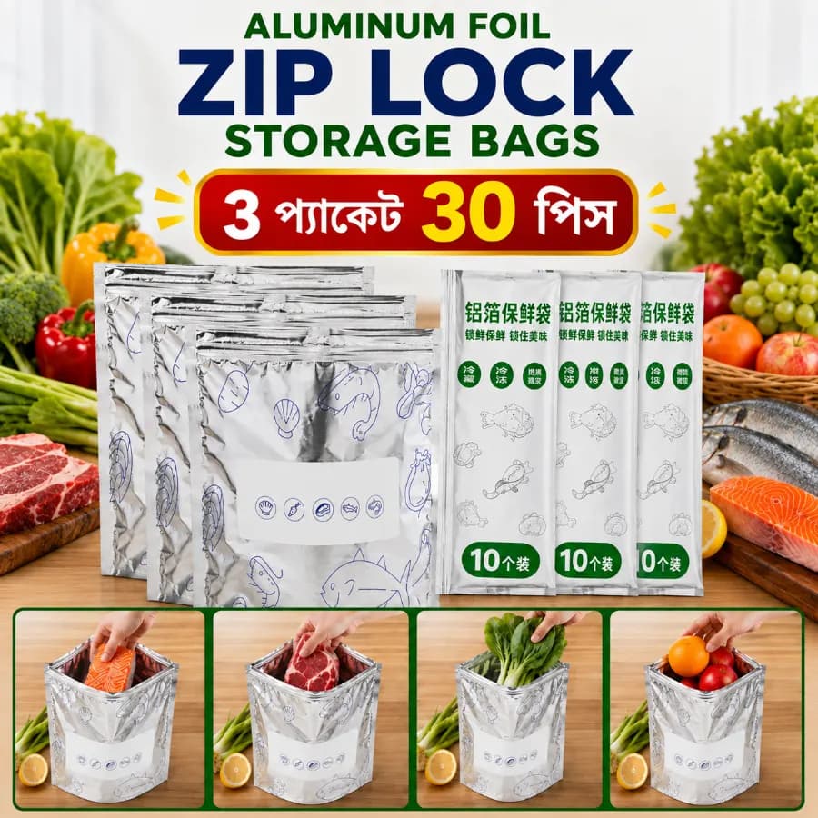 (3 Pack | 30 Pcs) - Aluminum Foil Zip Lock Food Storage Bags - Premium Reusable (Large 11×10 Inch)