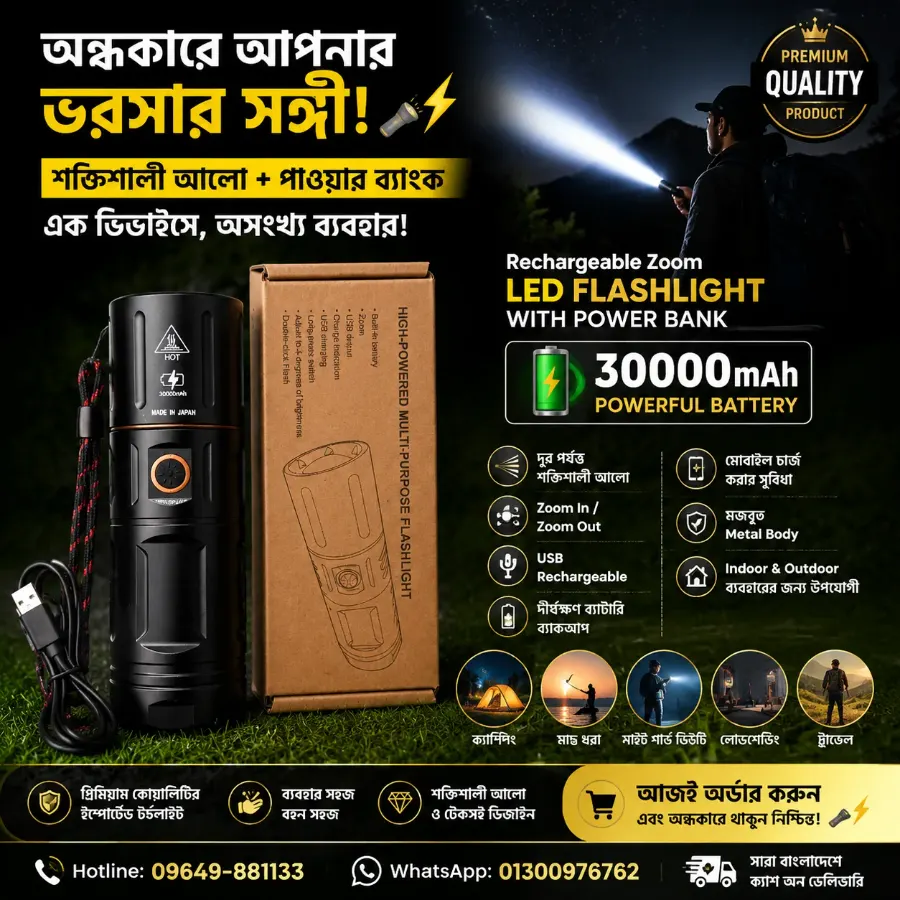 Rechargeable Zoom LED Flashlight Waterproof Zambo Light With 30000mAh Power Bank - Image 3